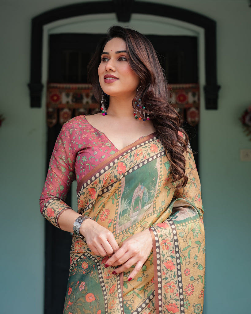 Mustard Yellow with Floral Motifs, Linen Cotton Handloom Printed Saree Architectural Pallu, and Tassels LINEN HANDLOOM