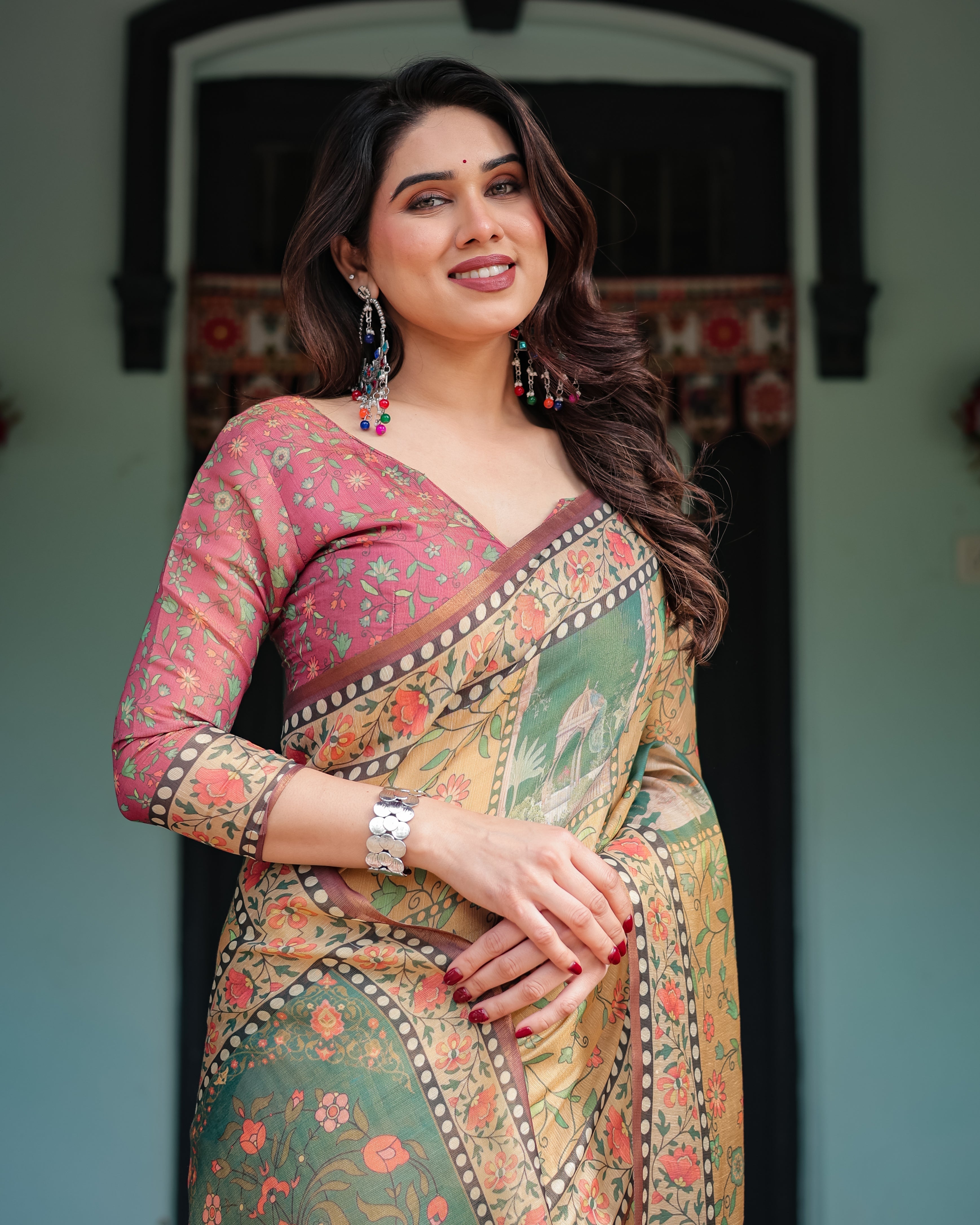 Mustard Yellow with Floral Motifs, Linen Cotton Handloom Printed Saree Architectural Pallu, and Tassels LINEN HANDLOOM