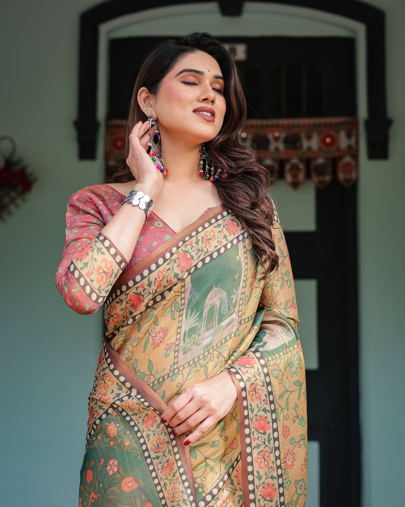 Mustard Yellow with Floral Motifs, Linen Cotton Handloom Printed Saree Architectural Pallu, and Tassels LINEN HANDLOOM