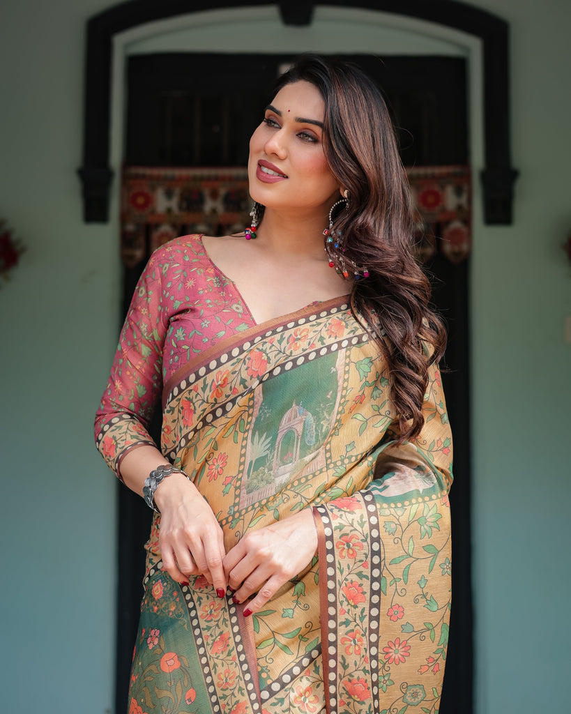 Mustard Yellow with Floral Motifs, Linen Cotton Handloom Printed Saree Architectural Pallu, and Tassels LINEN HANDLOOM