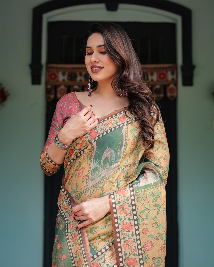 Mustard Yellow with Floral Motifs, Linen Cotton Handloom Printed Saree Architectural Pallu, and Tassels LINEN HANDLOOM