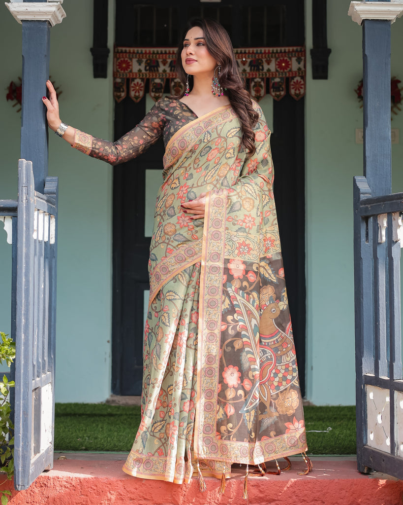 Sage Green with Bold Floral Motifs Linen Cotton Handloom Printed Saree, Vibrant Peacock Pallu, and Tassels LINEN HANDLOOM