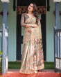 Load image into Gallery viewer, Sage Green with Bold Floral Motifs Linen Cotton Handloom Printed Saree, Vibrant Peacock Pallu, and Tassels LINEN HANDLOOM