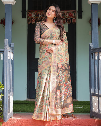 Sage Green with Bold Floral Motifs Linen Cotton Handloom Printed Saree, Vibrant Peacock Pallu, and Tassels LINEN HANDLOOM