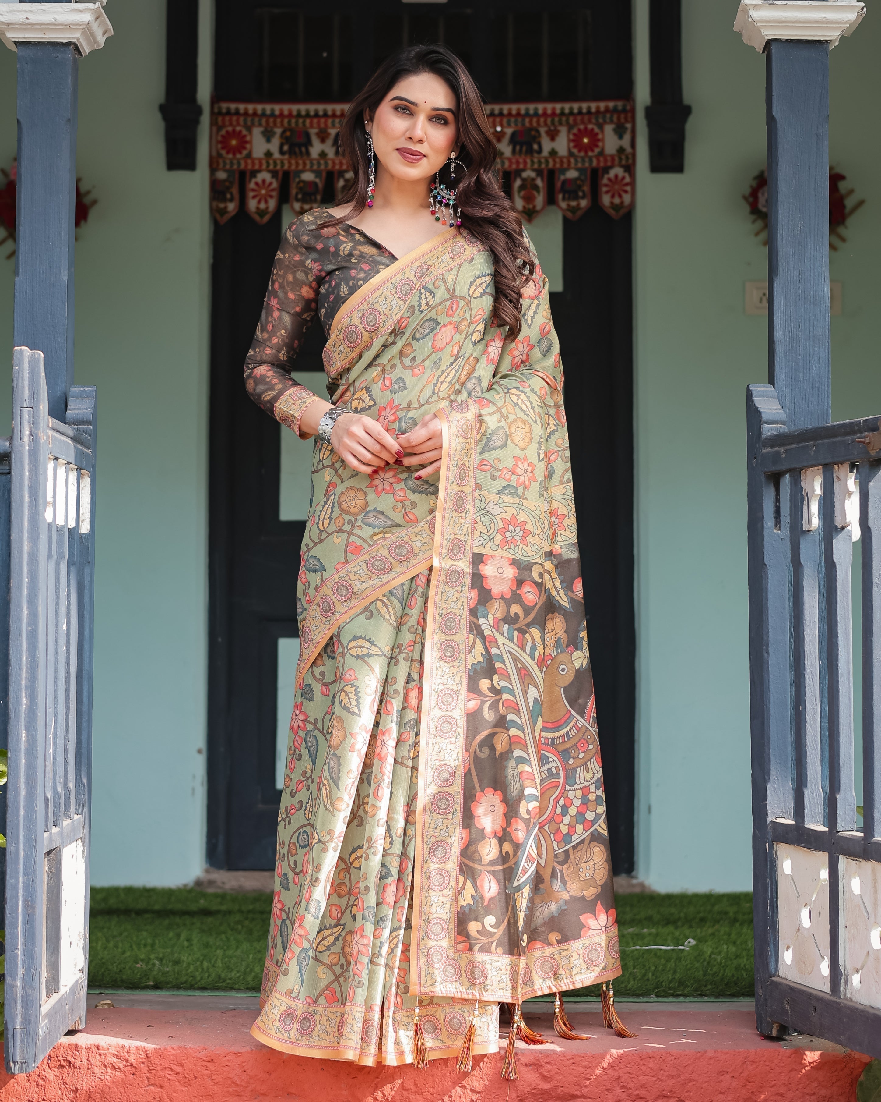 Sage Green with Bold Floral Motifs Linen Cotton Handloom Printed Saree, Vibrant Peacock Pallu, and Tassels LINEN HANDLOOM Main image