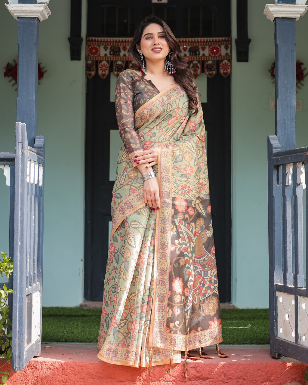 Sage Green with Bold Floral Motifs Linen Cotton Handloom Printed Saree, Vibrant Peacock Pallu, and Tassels LINEN HANDLOOM