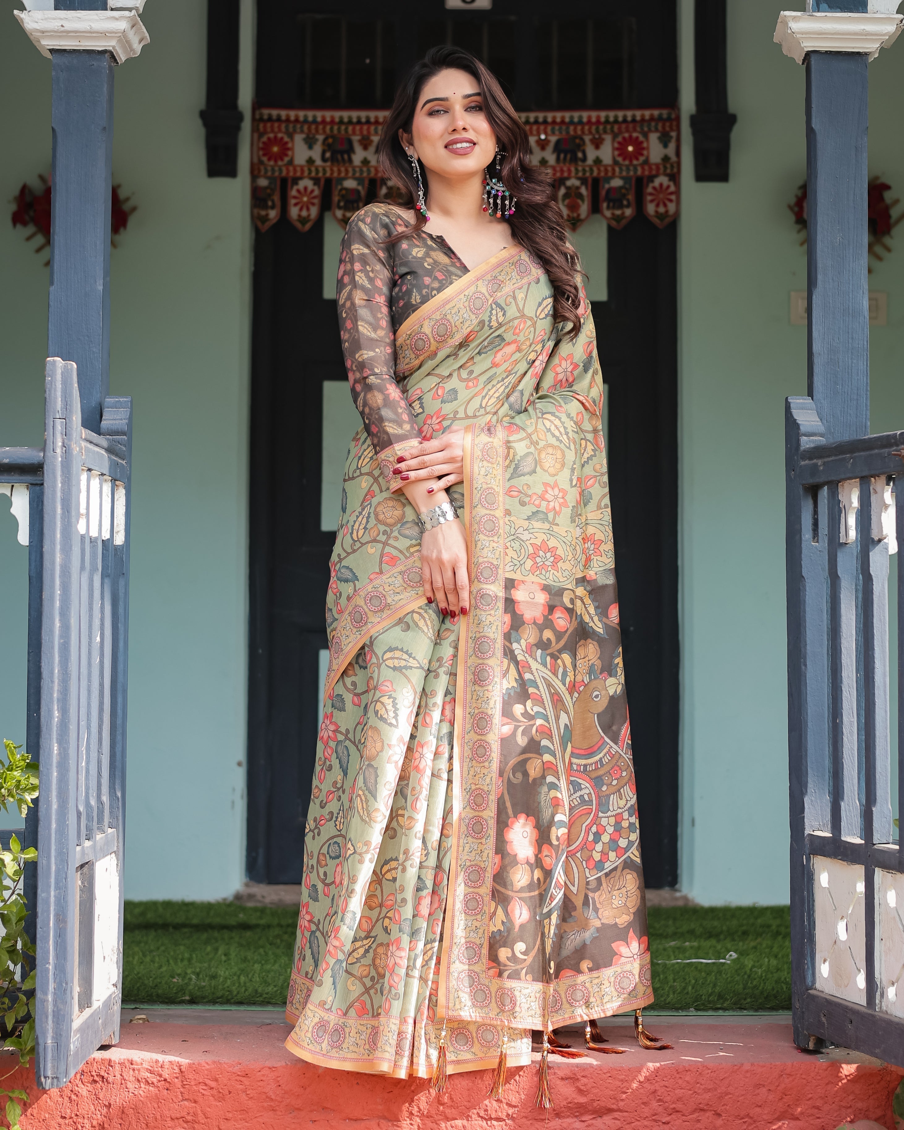 Sage Green with Bold Floral Motifs Linen Cotton Handloom Printed Saree, Vibrant Peacock Pallu, and Tassels LINEN HANDLOOM