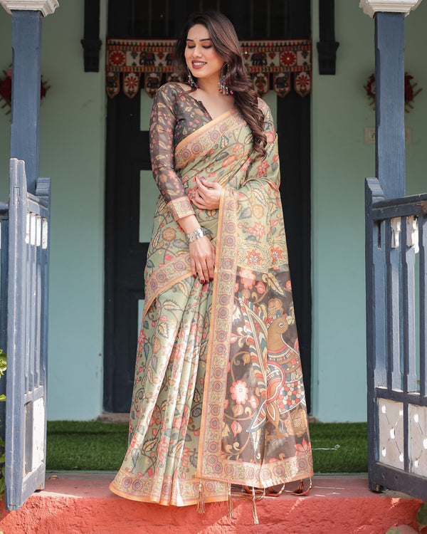 Sage Green with Bold Floral Motifs Linen Cotton Handloom Printed Saree, Vibrant Peacock Pallu, and Tassels LINEN HANDLOOM