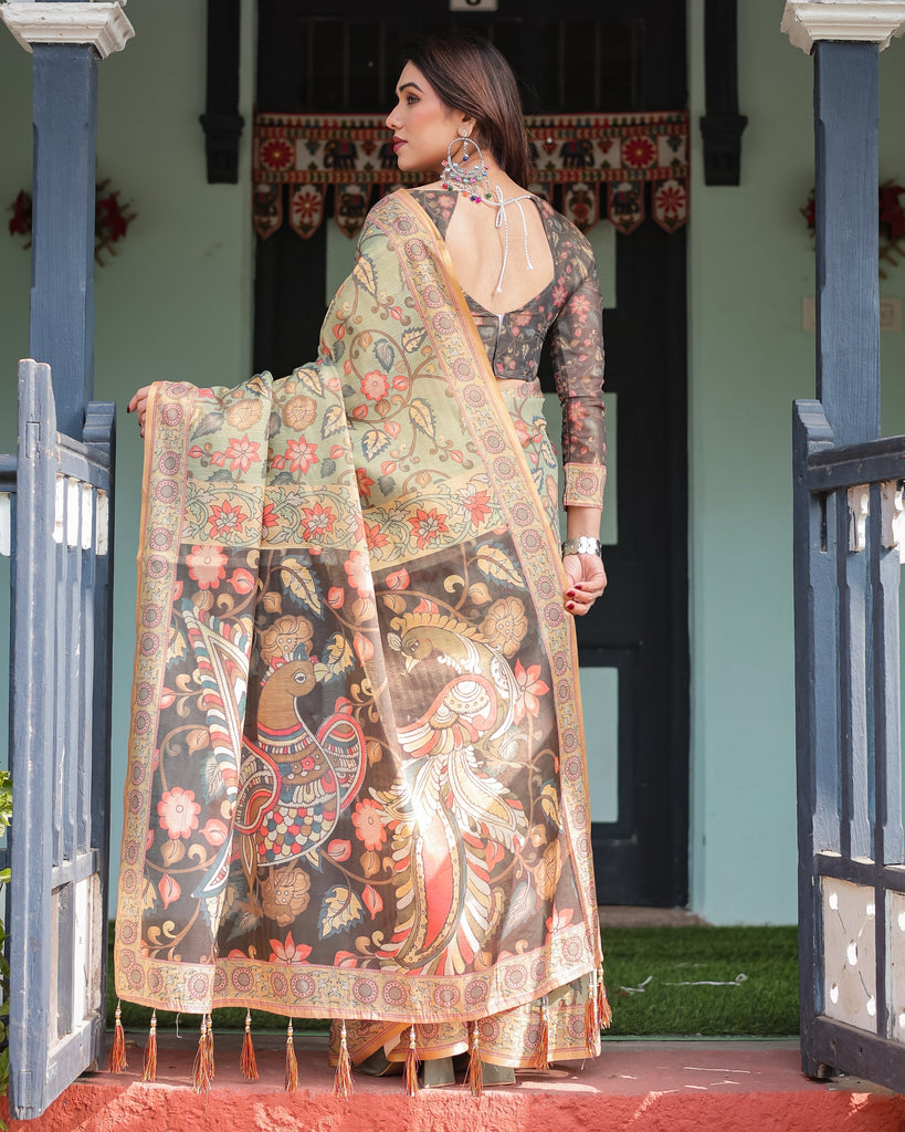 Sage Green with Bold Floral Motifs Linen Cotton Handloom Printed Saree, Vibrant Peacock Pallu, and Tassels LINEN HANDLOOM