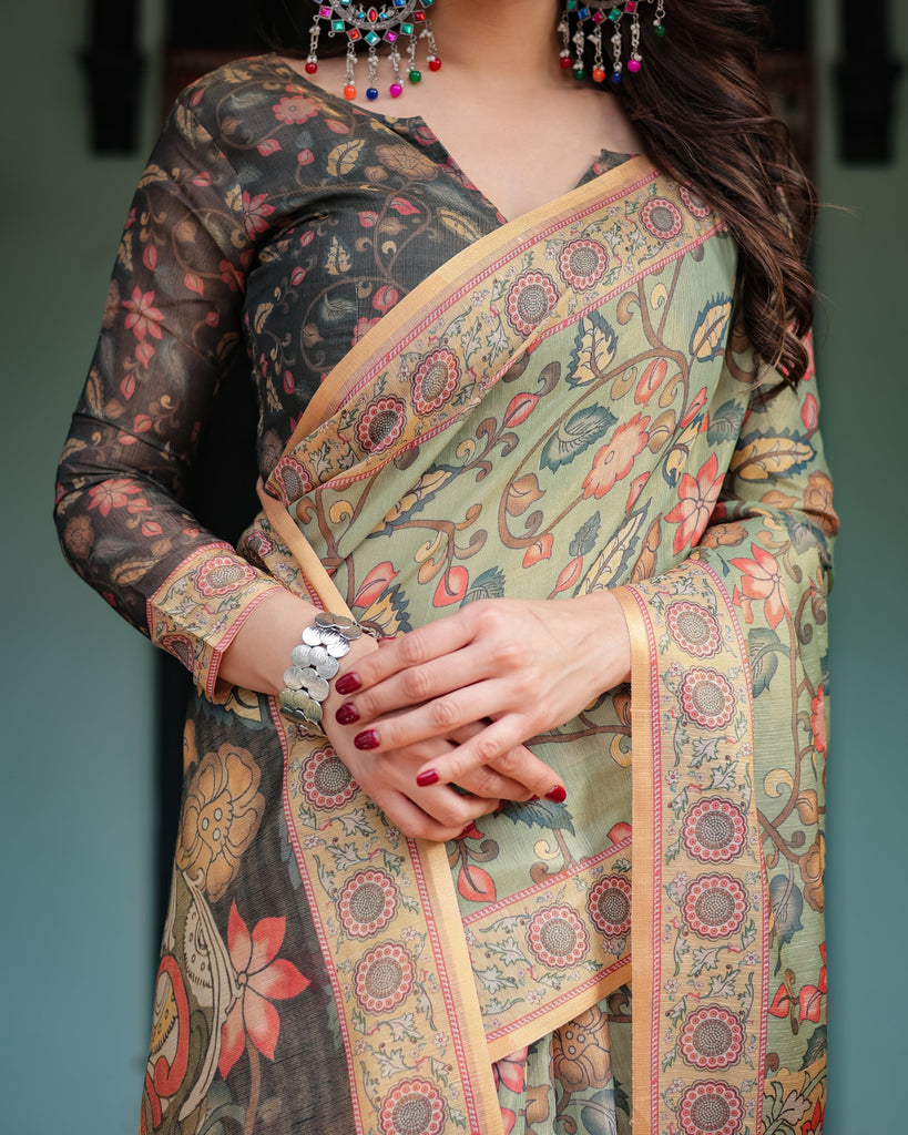 Sage Green with Bold Floral Motifs Linen Cotton Handloom Printed Saree, Vibrant Peacock Pallu, and Tassels LINEN HANDLOOM