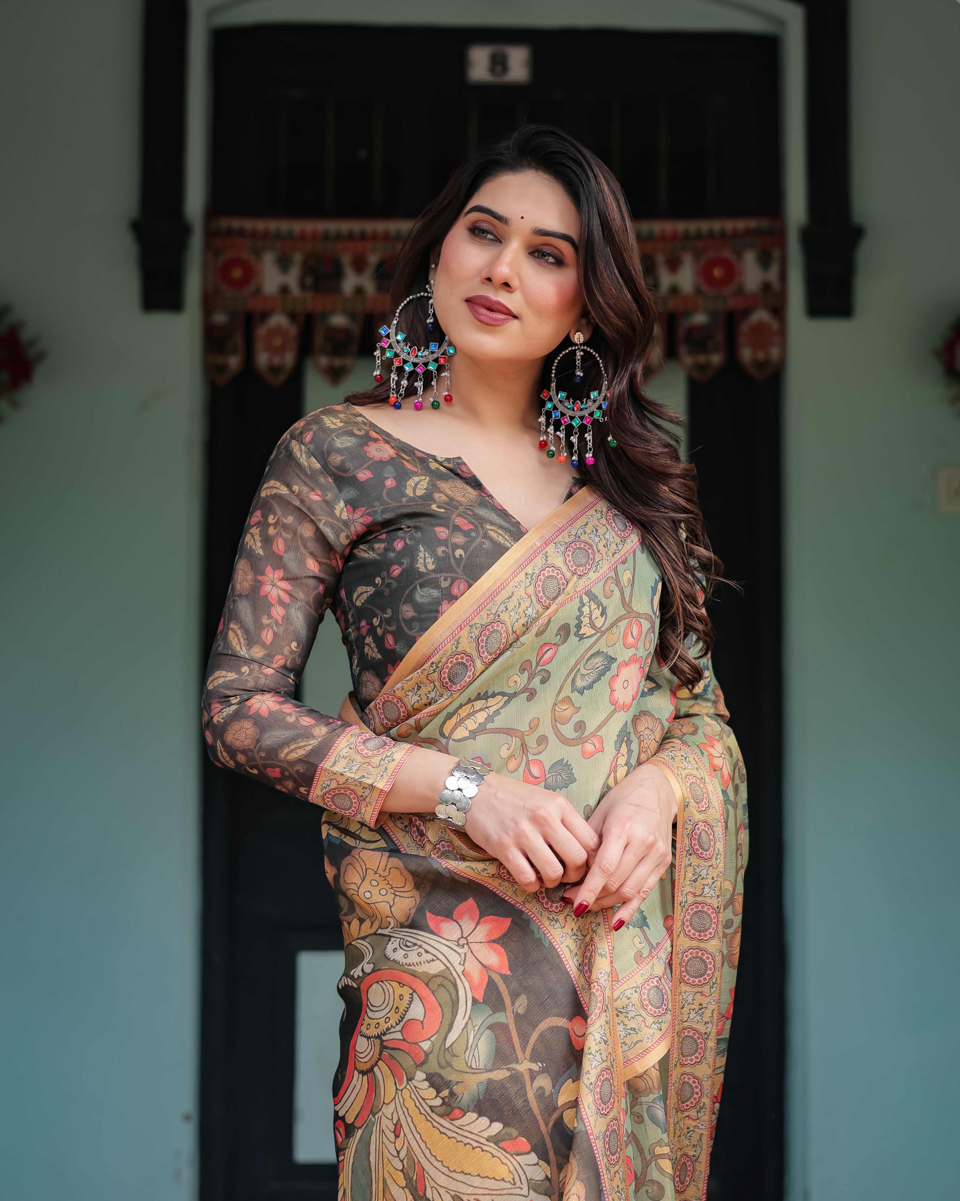 Sage Green with Bold Floral Motifs Linen Cotton Handloom Printed Saree, Vibrant Peacock Pallu, and Tassels LINEN HANDLOOM