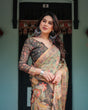 Load image into Gallery viewer, Sage Green with Bold Floral Motifs Linen Cotton Handloom Printed Saree, Vibrant Peacock Pallu, and Tassels LINEN HANDLOOM