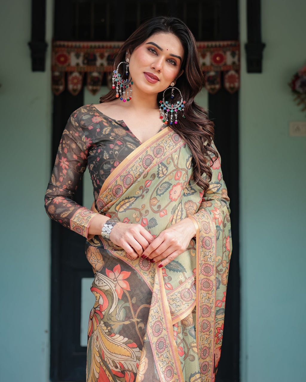 Sage Green with Bold Floral Motifs Linen Cotton Handloom Printed Saree, Vibrant Peacock Pallu, and Tassels LINEN HANDLOOM