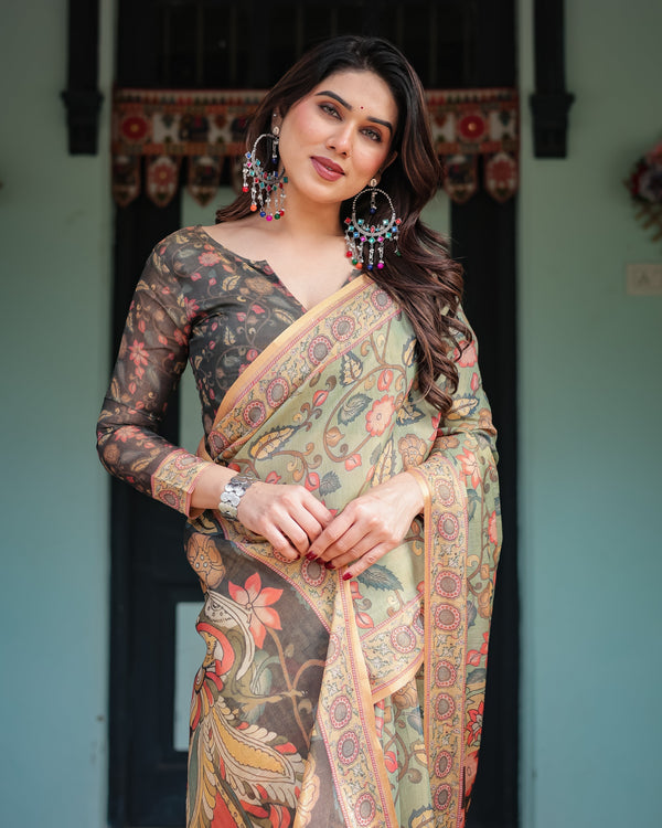 Sage Green with Bold Floral Motifs Linen Cotton Handloom Printed Saree, Vibrant Peacock Pallu, and Tassels LINEN HANDLOOM