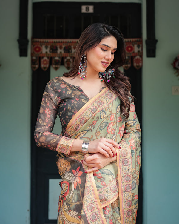 Sage Green with Bold Floral Motifs Linen Cotton Handloom Printed Saree, Vibrant Peacock Pallu, and Tassels LINEN HANDLOOM