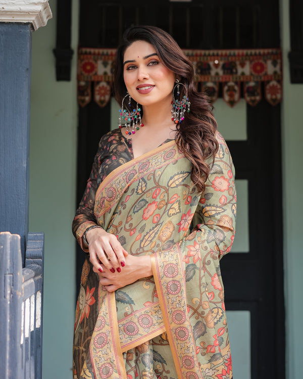 Sage Green with Bold Floral Motifs Linen Cotton Handloom Printed Saree, Vibrant Peacock Pallu, and Tassels LINEN HANDLOOM
