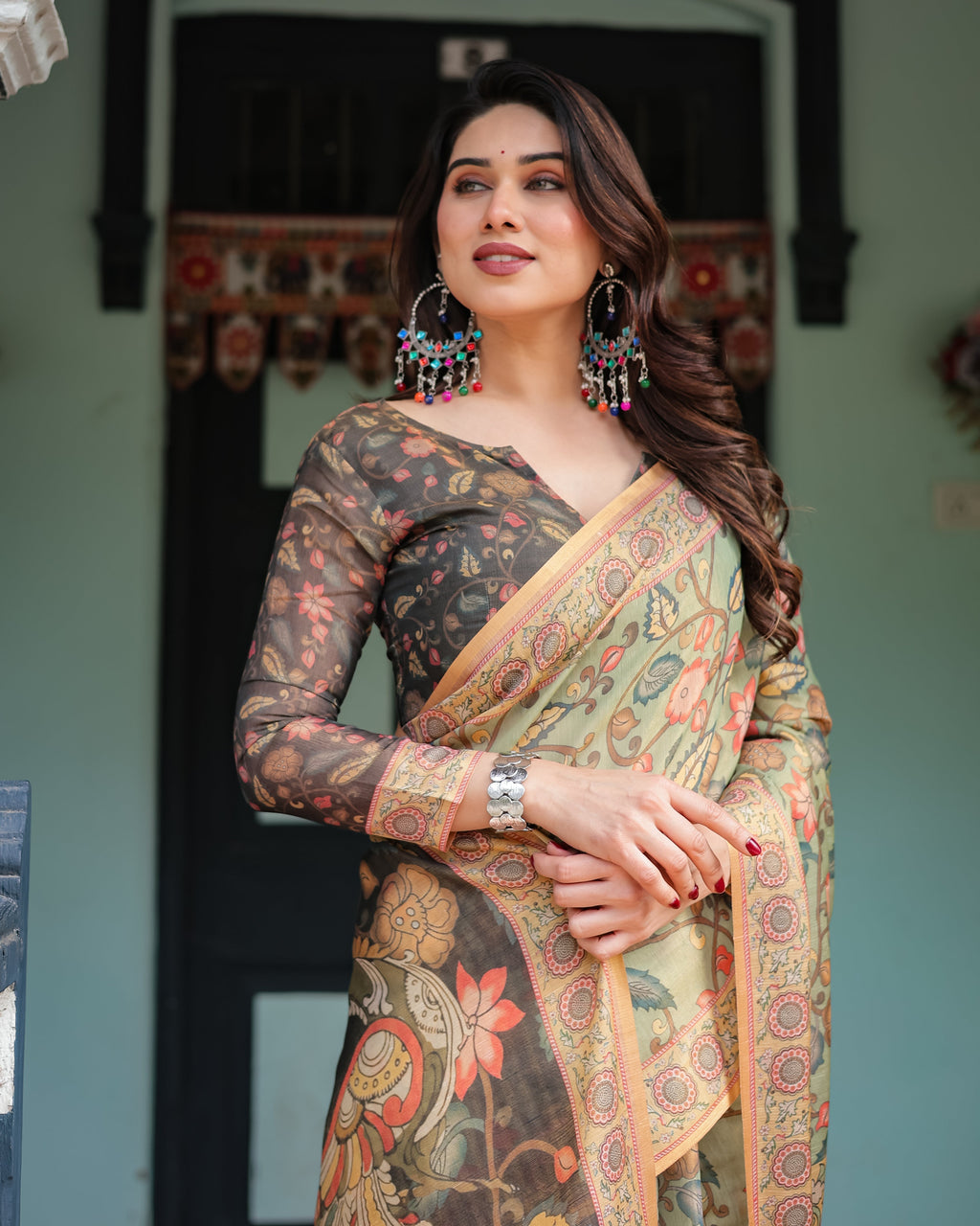 Sage Green with Bold Floral Motifs Linen Cotton Handloom Printed Saree, Vibrant Peacock Pallu, and Tassels LINEN HANDLOOM