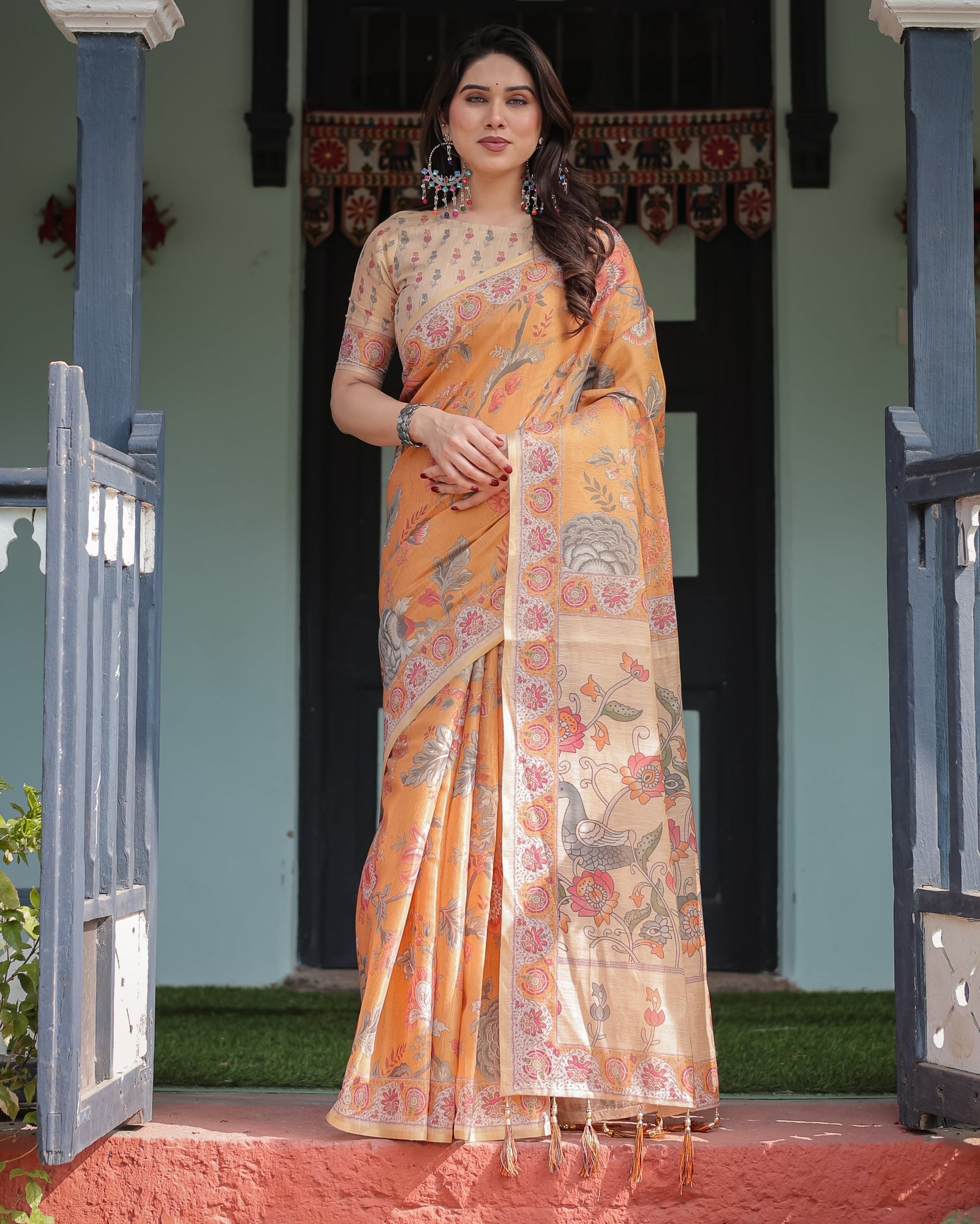 Sunny Mustard with Floral Motifs Linen Cotton Handloom Printed Saree, Delicate Borders, and Tassels LINEN HANDLOOM