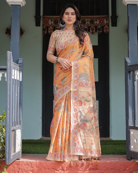 Sunny Mustard with Floral Motifs Linen Cotton Handloom Printed Saree, Delicate Borders, and Tassels LINEN HANDLOOM Main image