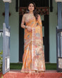 Load image into Gallery viewer, Sunny Mustard with Floral Motifs Linen Cotton Handloom Printed Saree, Delicate Borders, and Tassels LINEN HANDLOOM