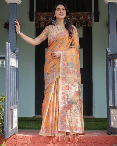 Sunny Mustard with Floral Motifs Linen Cotton Handloom Printed Saree, Delicate Borders, and Tassels LINEN HANDLOOM