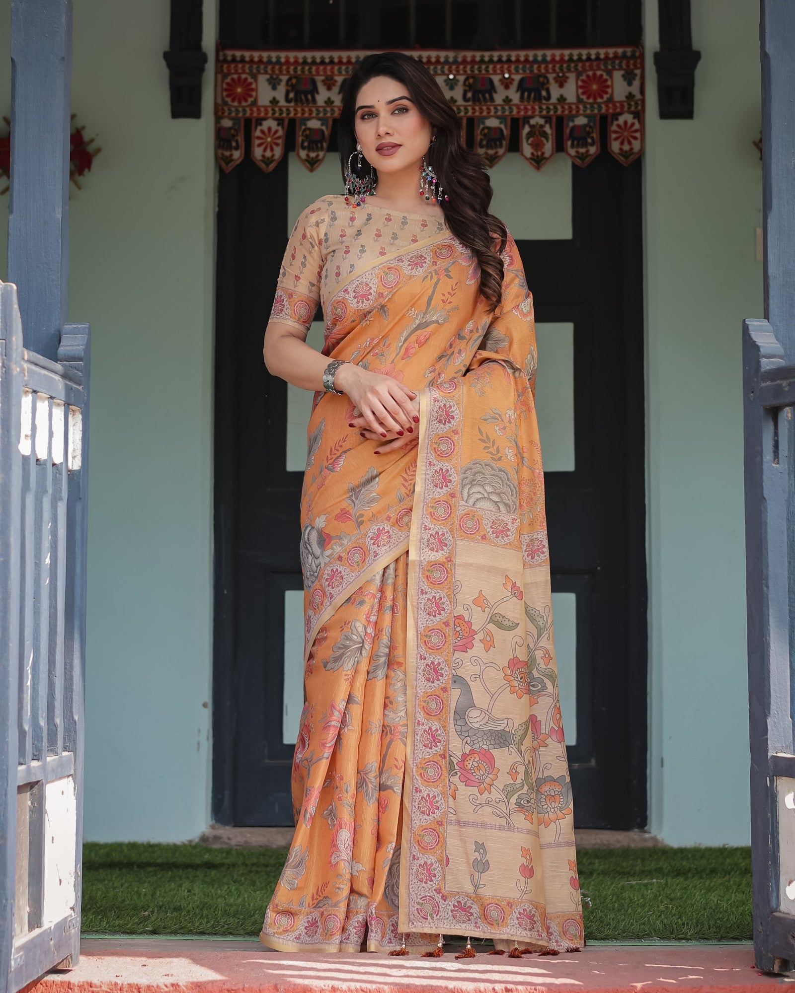 Sunny Mustard with Floral Motifs Linen Cotton Handloom Printed Saree, Delicate Borders, and Tassels LINEN HANDLOOM
