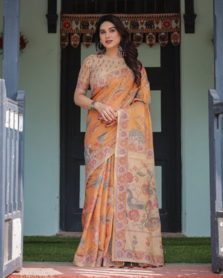 Sunny Mustard with Floral Motifs Linen Cotton Handloom Printed Saree, Delicate Borders, and Tassels LINEN HANDLOOM