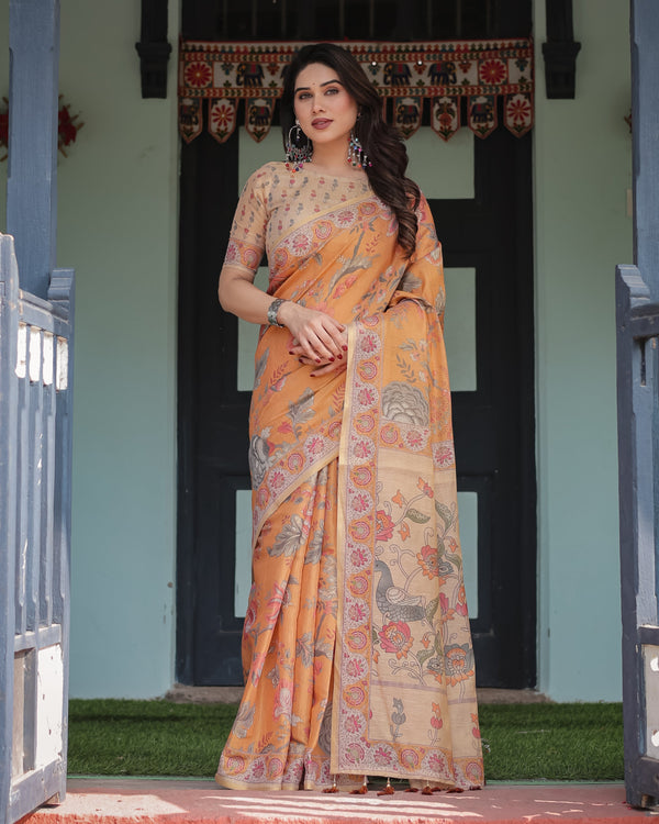Sunny Mustard with Floral Motifs Linen Cotton Handloom Printed Saree, Delicate Borders, and Tassels LINEN HANDLOOM