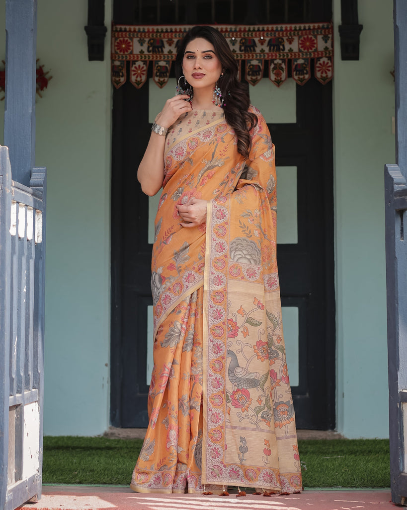 Sunny Mustard with Floral Motifs Linen Cotton Handloom Printed Saree, Delicate Borders, and Tassels LINEN HANDLOOM