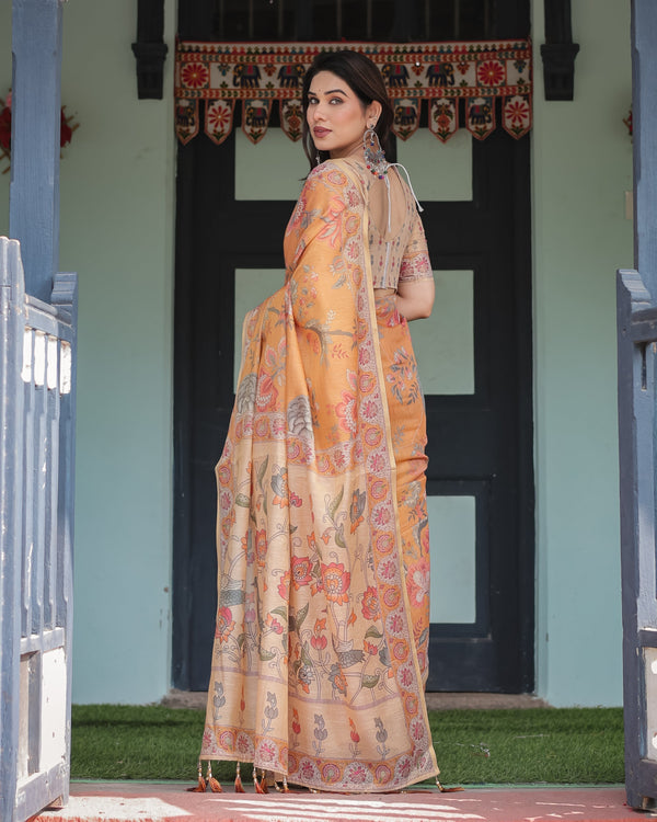 Sunny Mustard with Floral Motifs Linen Cotton Handloom Printed Saree, Delicate Borders, and Tassels LINEN HANDLOOM