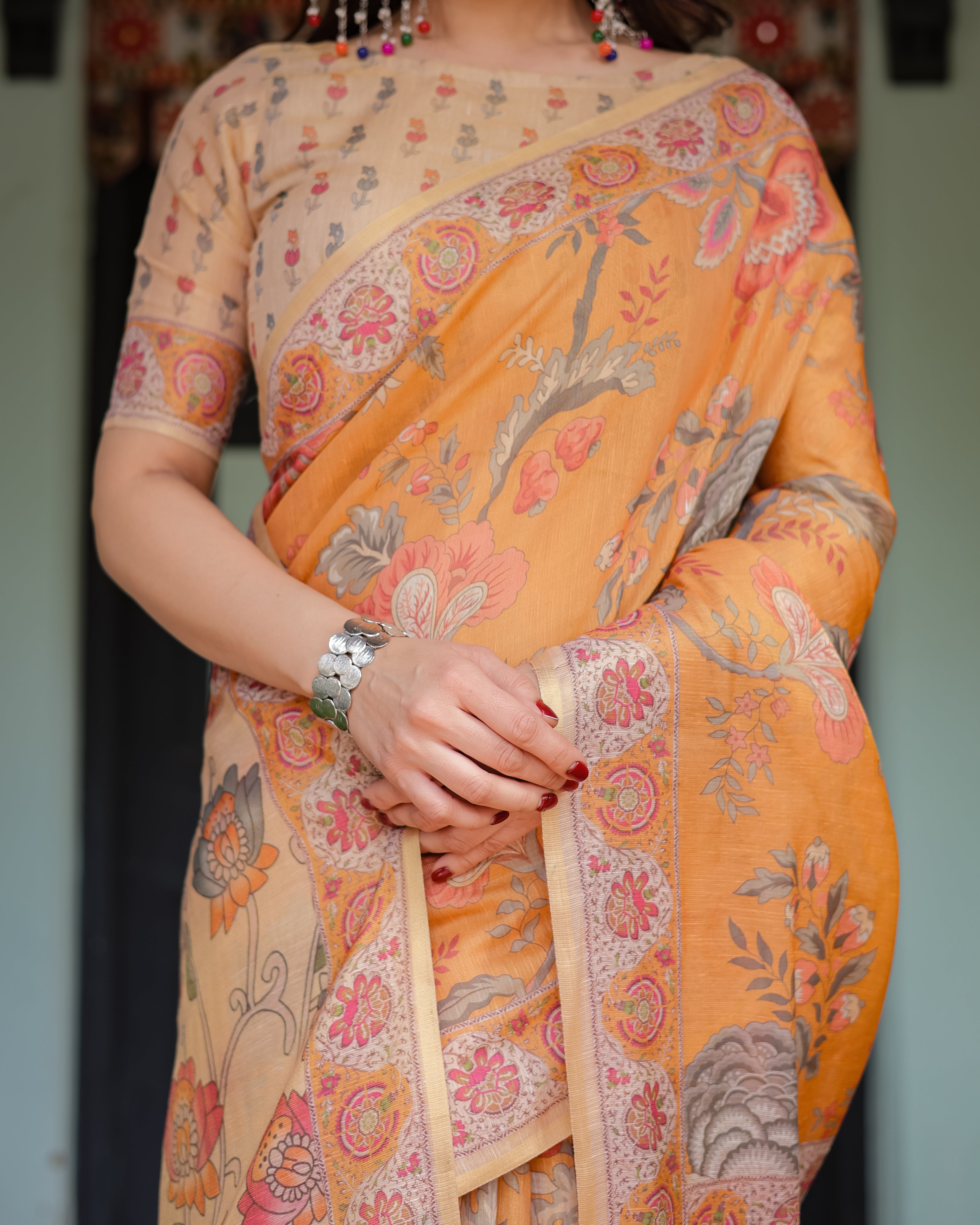 Sunny Mustard with Floral Motifs Linen Cotton Handloom Printed Saree, Delicate Borders, and Tassels LINEN HANDLOOM