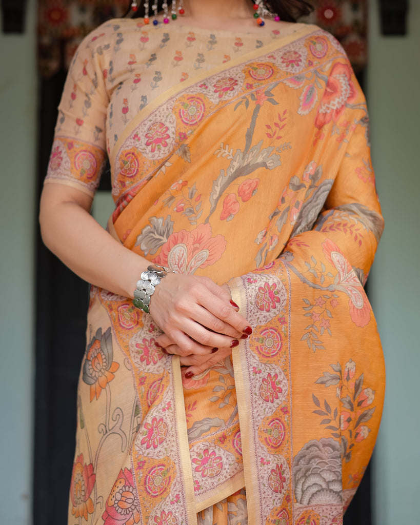 Sunny Mustard with Floral Motifs Linen Cotton Handloom Printed Saree, Delicate Borders, and Tassels LINEN HANDLOOM
