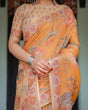 Load image into Gallery viewer, Sunny Mustard with Floral Motifs Linen Cotton Handloom Printed Saree, Delicate Borders, and Tassels LINEN HANDLOOM