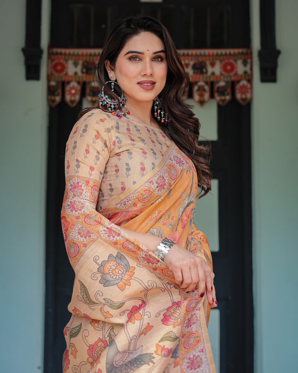 Sunny Mustard with Floral Motifs Linen Cotton Handloom Printed Saree, Delicate Borders, and Tassels LINEN HANDLOOM