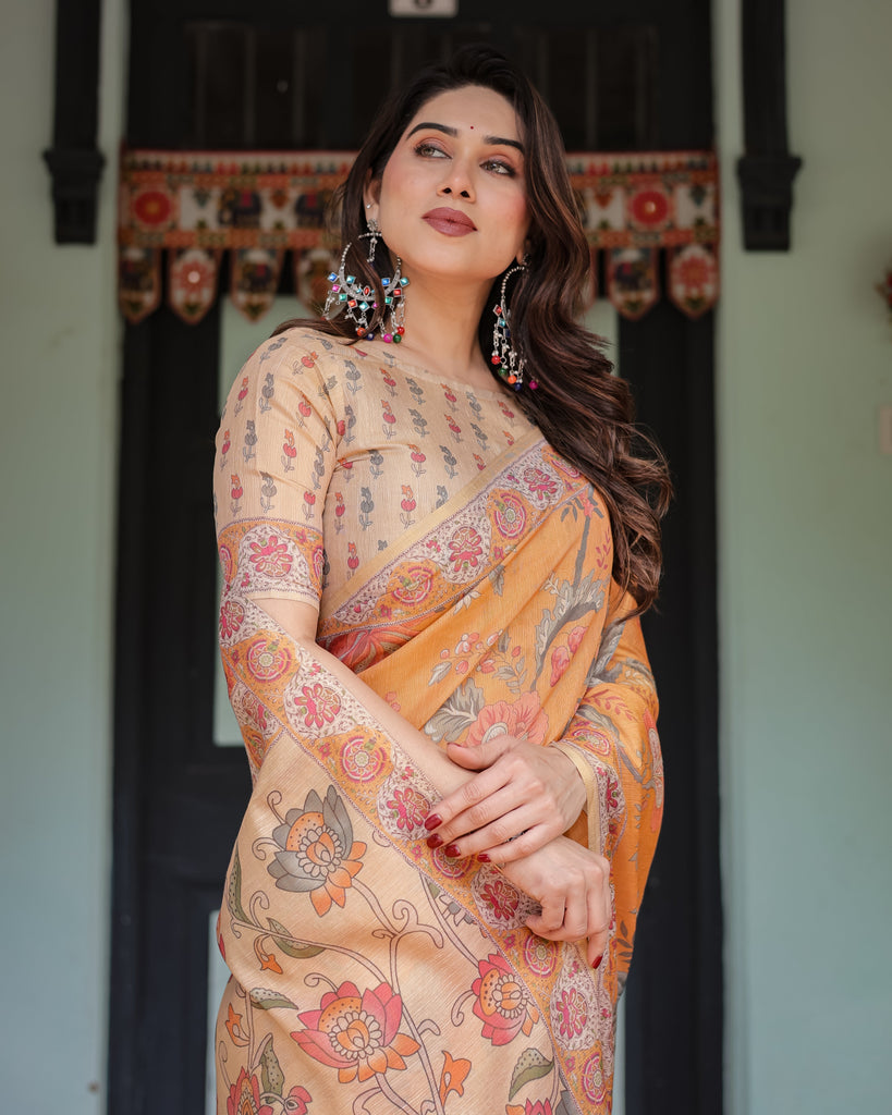 Sunny Mustard with Floral Motifs Linen Cotton Handloom Printed Saree, Delicate Borders, and Tassels LINEN HANDLOOM