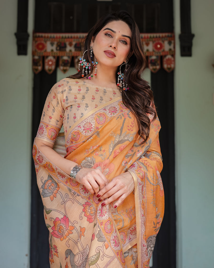 Sunny Mustard with Floral Motifs Linen Cotton Handloom Printed Saree, Delicate Borders, and Tassels LINEN HANDLOOM