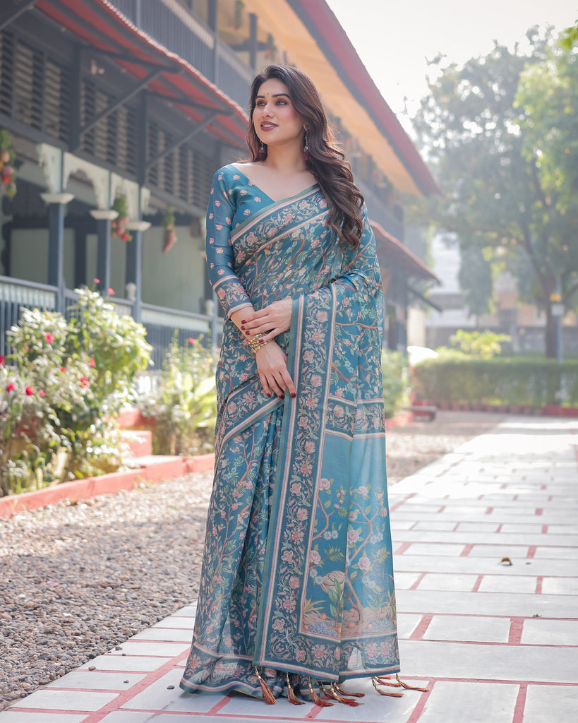 Elegant Aqua Blue Handloom Cotton-Linen Saree with Golden Zari Weave and Tassel Finish LINEN HANDLOOM