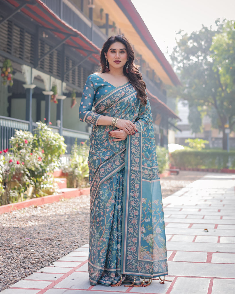 Elegant Aqua Blue Handloom Cotton-Linen Saree with Golden Zari Weave and Tassel Finish LINEN HANDLOOM