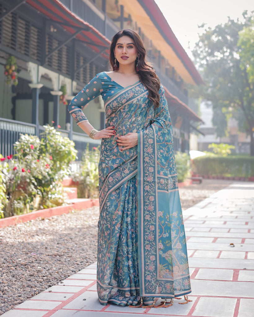 Elegant Aqua Blue Handloom Cotton-Linen Saree with Golden Zari Weave and Tassel Finish LINEN HANDLOOM