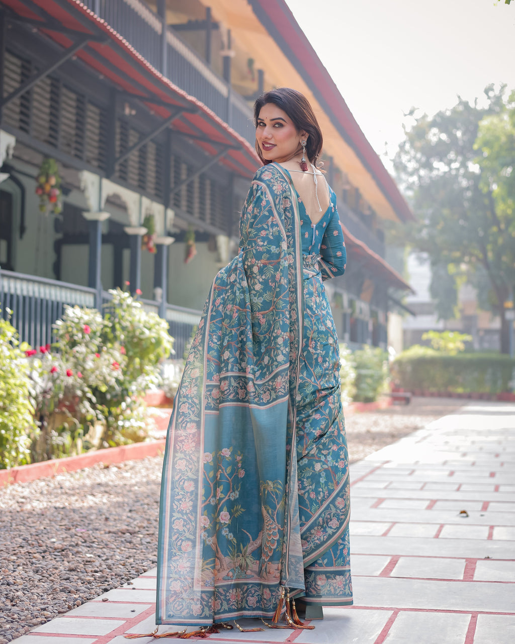 Elegant Aqua Blue Handloom Cotton-Linen Saree with Golden Zari Weave and Tassel Finish LINEN HANDLOOM