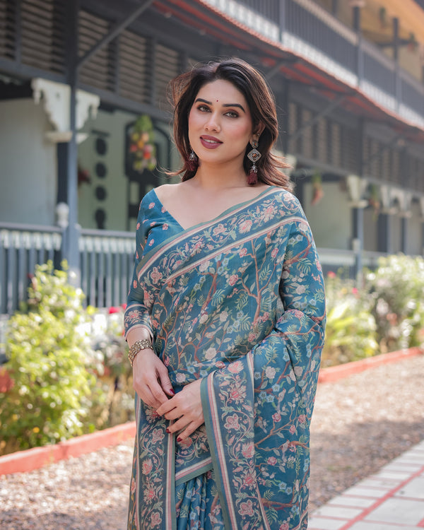 Elegant Aqua Blue Handloom Cotton-Linen Saree with Golden Zari Weave and Tassel Finish LINEN HANDLOOM