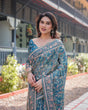 Load image into Gallery viewer, Elegant Aqua Blue Handloom Cotton-Linen Saree with Golden Zari Weave and Tassel Finish LINEN HANDLOOM