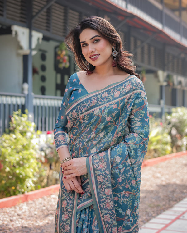 Elegant Aqua Blue Handloom Cotton-Linen Saree with Golden Zari Weave and Tassel Finish LINEN HANDLOOM