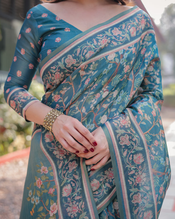 Elegant Aqua Blue Handloom Cotton-Linen Saree with Golden Zari Weave and Tassel Finish LINEN HANDLOOM
