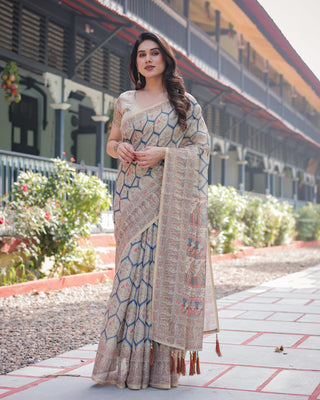 Classic Beige Handloom Cotton-Linen Saree with Madhubani-Inspired Prints and Zari Highlights LINEN HANDLOOM