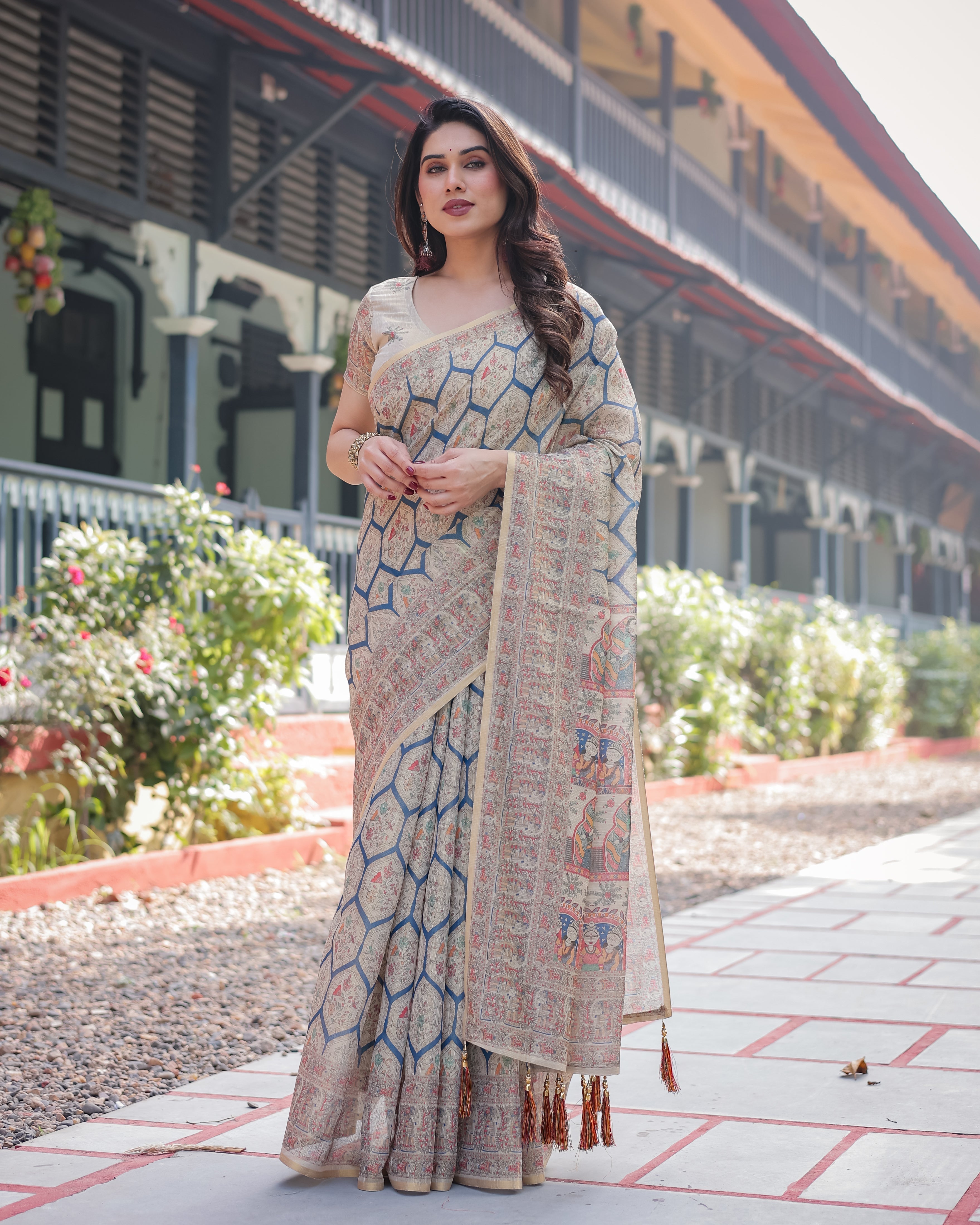 Classic Beige Handloom Cotton-Linen Saree with Madhubani-Inspired Prints and Zari Highlights LINEN HANDLOOM Main image