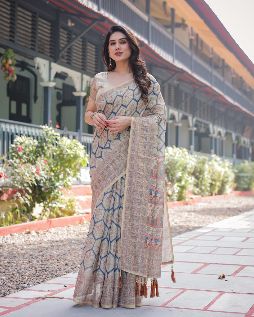 Classic Beige Handloom Cotton-Linen Saree with Madhubani-Inspired Prints and Zari Highlights LINEN HANDLOOM