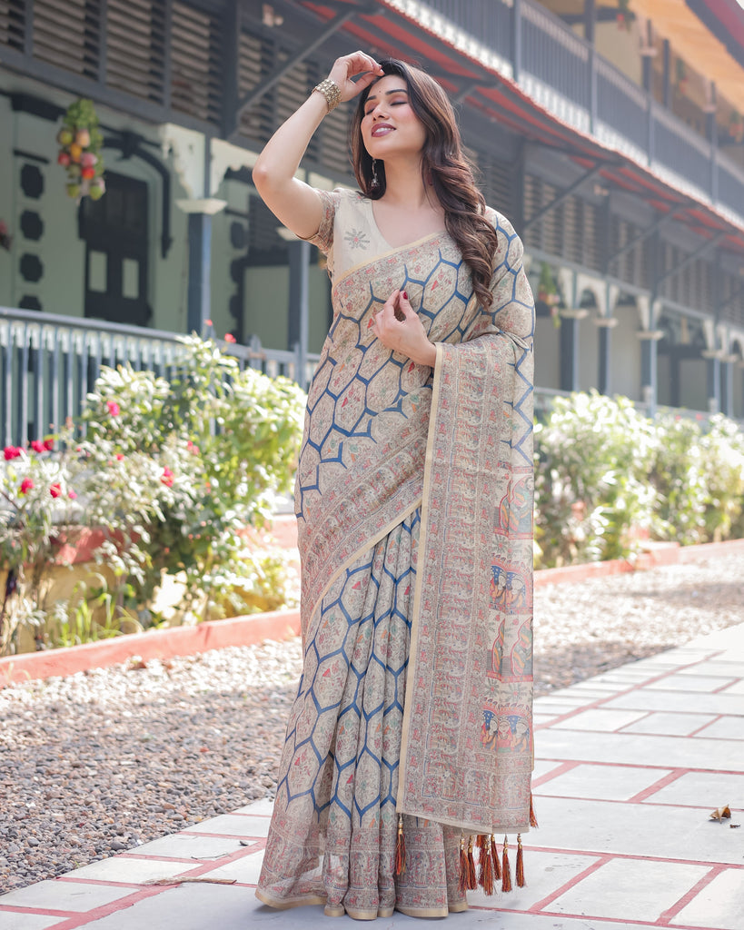 Classic Beige Handloom Cotton-Linen Saree with Madhubani-Inspired Prints and Zari Highlights LINEN HANDLOOM