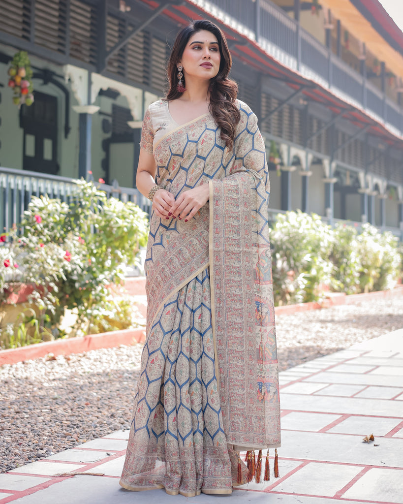 Classic Beige Handloom Cotton-Linen Saree with Madhubani-Inspired Prints and Zari Highlights LINEN HANDLOOM
