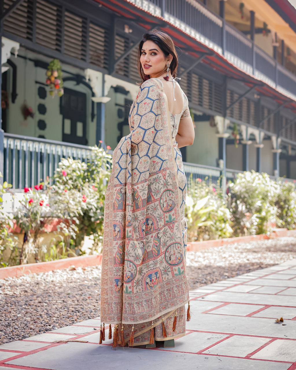 Classic Beige Handloom Cotton-Linen Saree with Madhubani-Inspired Prints and Zari Highlights LINEN HANDLOOM